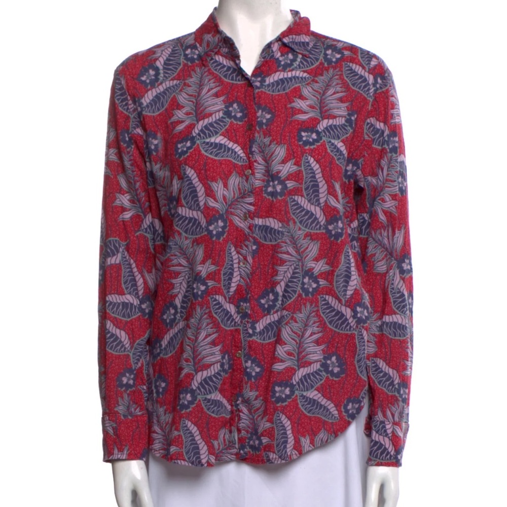 XIRENA leafy print red  Purple Blue light Floral Cotton Popover Blouse XS S‎